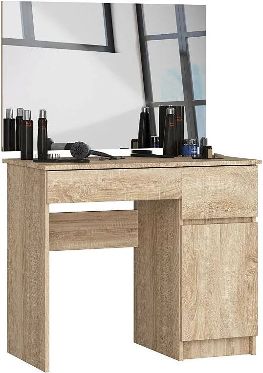 Toaletka AKORD P2 Dąb Sonoma 90 cm z lustrem 900x600 prawa 1 drzwi 2 szuflady kolor Dąb Sonoma mat 2 półki 90x50x142 cm