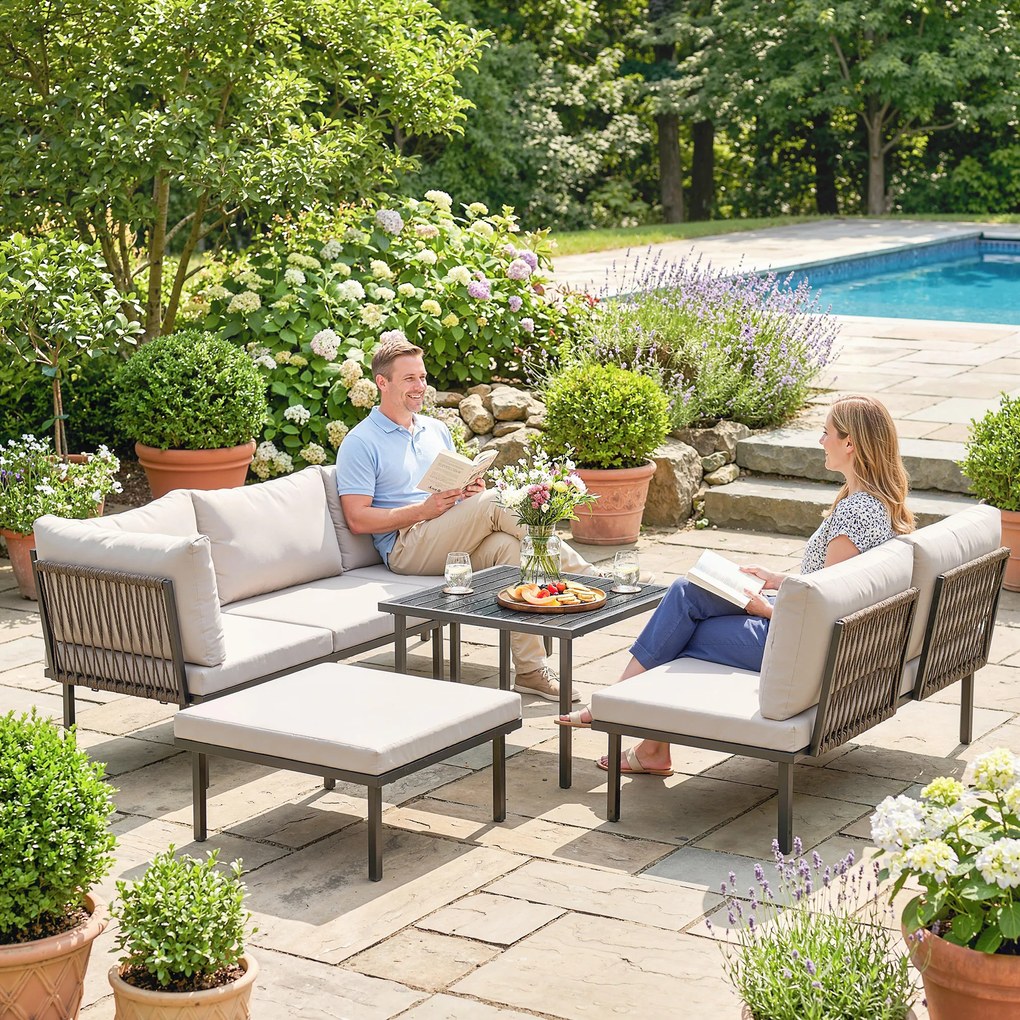 Outsunny Zestaw Mebli Ogrodowych 5-6 Osób Sofa Dwuosobowa, Krzesła, Narożnik, Stolik, Podnóżek | Aosom PL