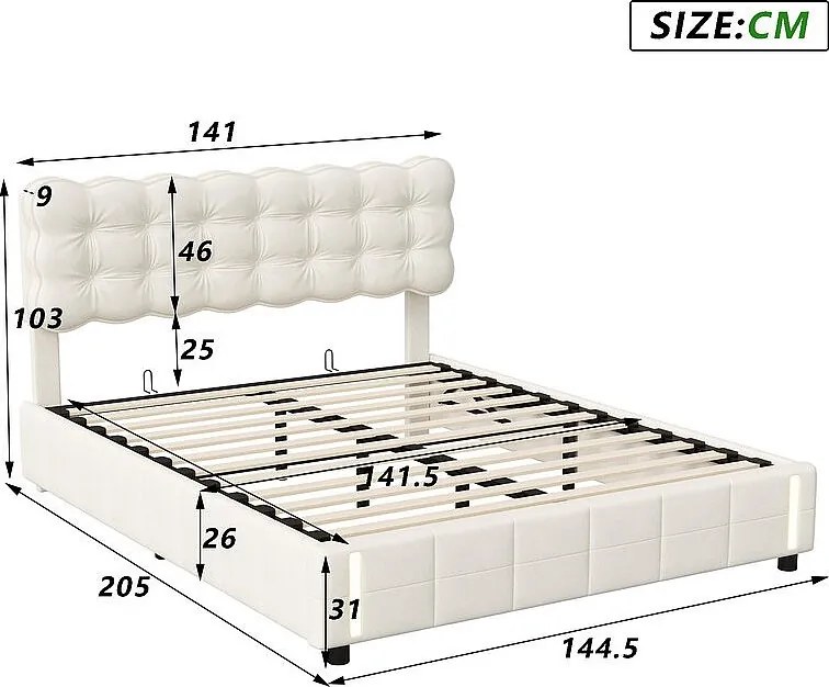 Łóżko Podwójne 140x200cm z Hydraulicznym Pojemnikiem, Beżowym Welurowym Zagłówkiem i Automatycznym Oświetleniem Indukcyjnym – Wbudowany Schowek, Nowoczesny Design