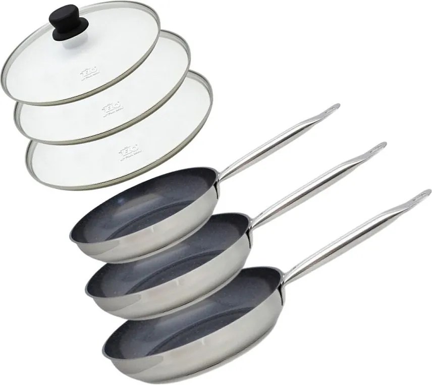 Zestaw 3 patelni ze stali nierdzewnej 18/10 ELODUR® bez PFAS Ø24-28-32 cm z pokrywkami szklanymi – Wszystkie rodzaje kuchenek, indukcja, dno kapsułkowe eco