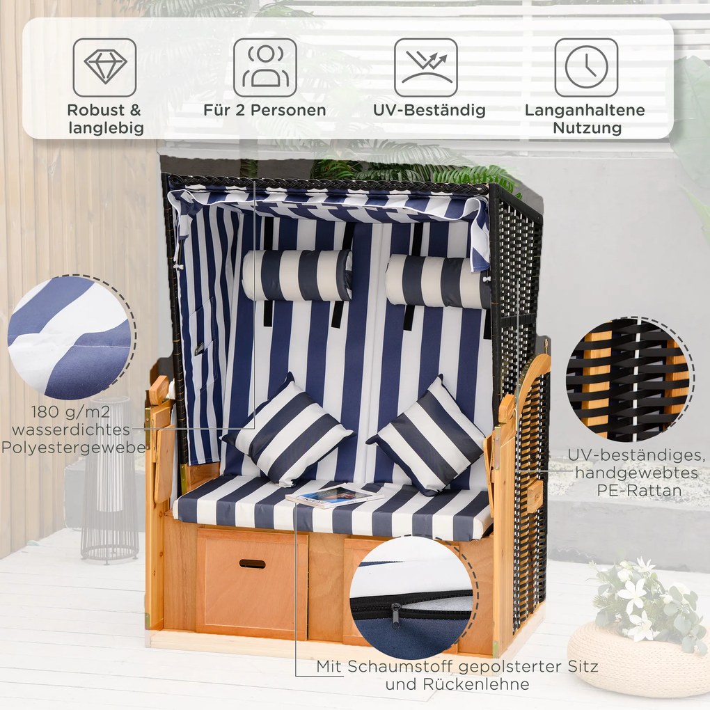 Outsunny kosz plażowy z dachem imitacja rattanu stół składany niebieski 118 x 79 x 150 cm