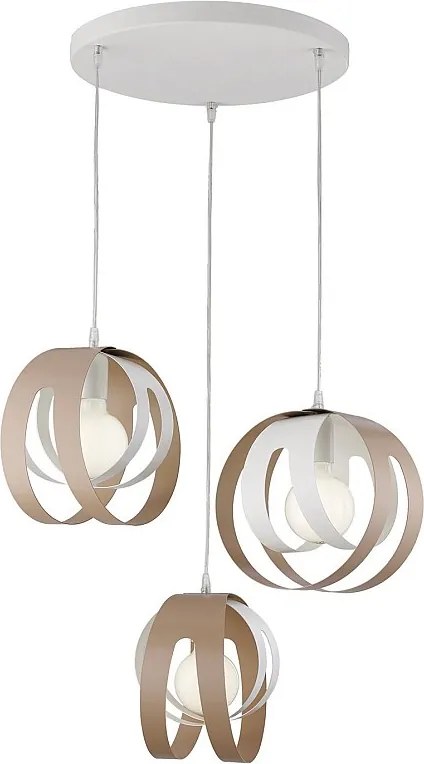 Lampa wisząca Tobias z okrągłą rozetą, laserowo cięte dyfuzory, żelazo lakierowane na biało i szaro, regulowany kabel, nowoczesny design, 3 światła