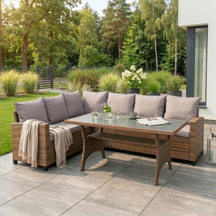 Zestaw Mebli Ogrodowych COMODO Brązowy/Szary Narożnik Stolik Tarasowy Technorattan Nowoczesny