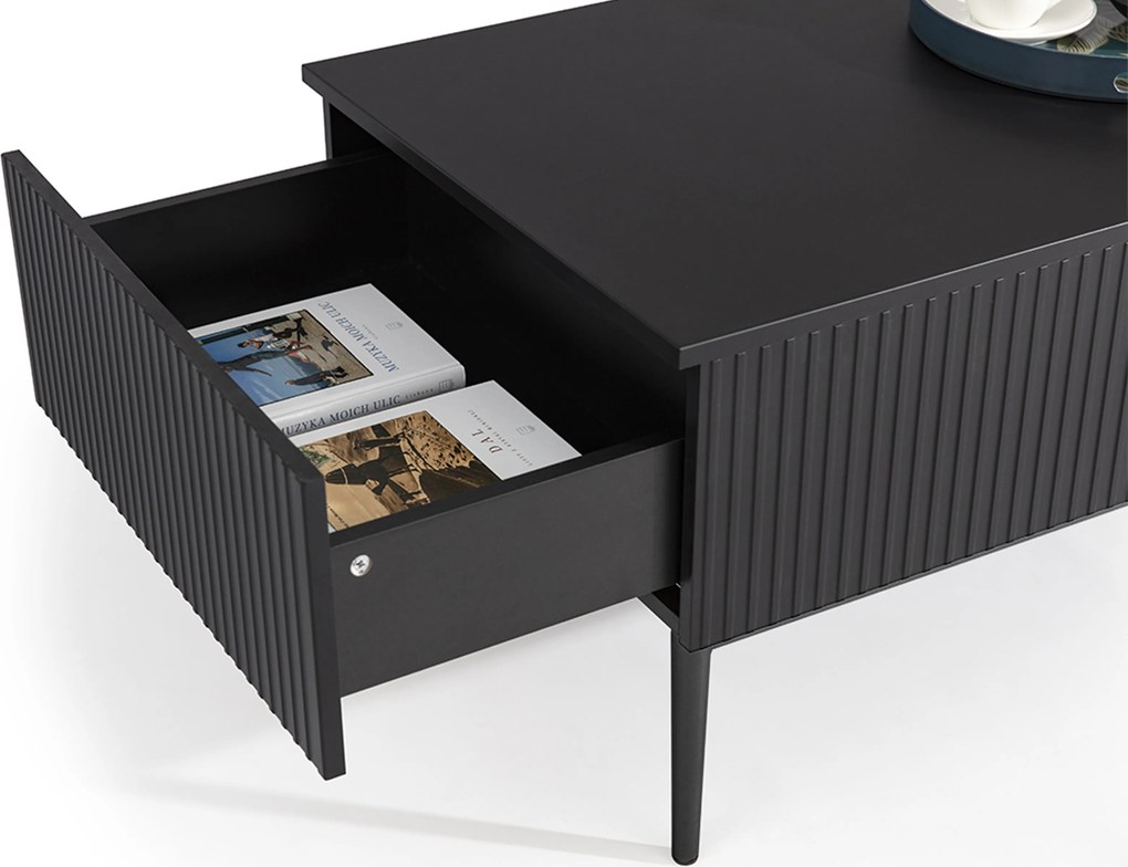 Stolik kawowy Nicole 120 cm z szufladami i metalowymi nogami - czarny mat / czarne nóżki