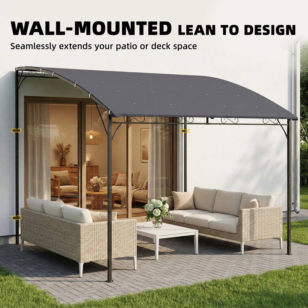 Outsunny Pergola przylegająca z metalową ramą i wodoodpornym dachem, montowana na ścianie, odporna na warunki pogodowe, 2,86 x 3,84 x 2,52 m, szara | Aosom PL