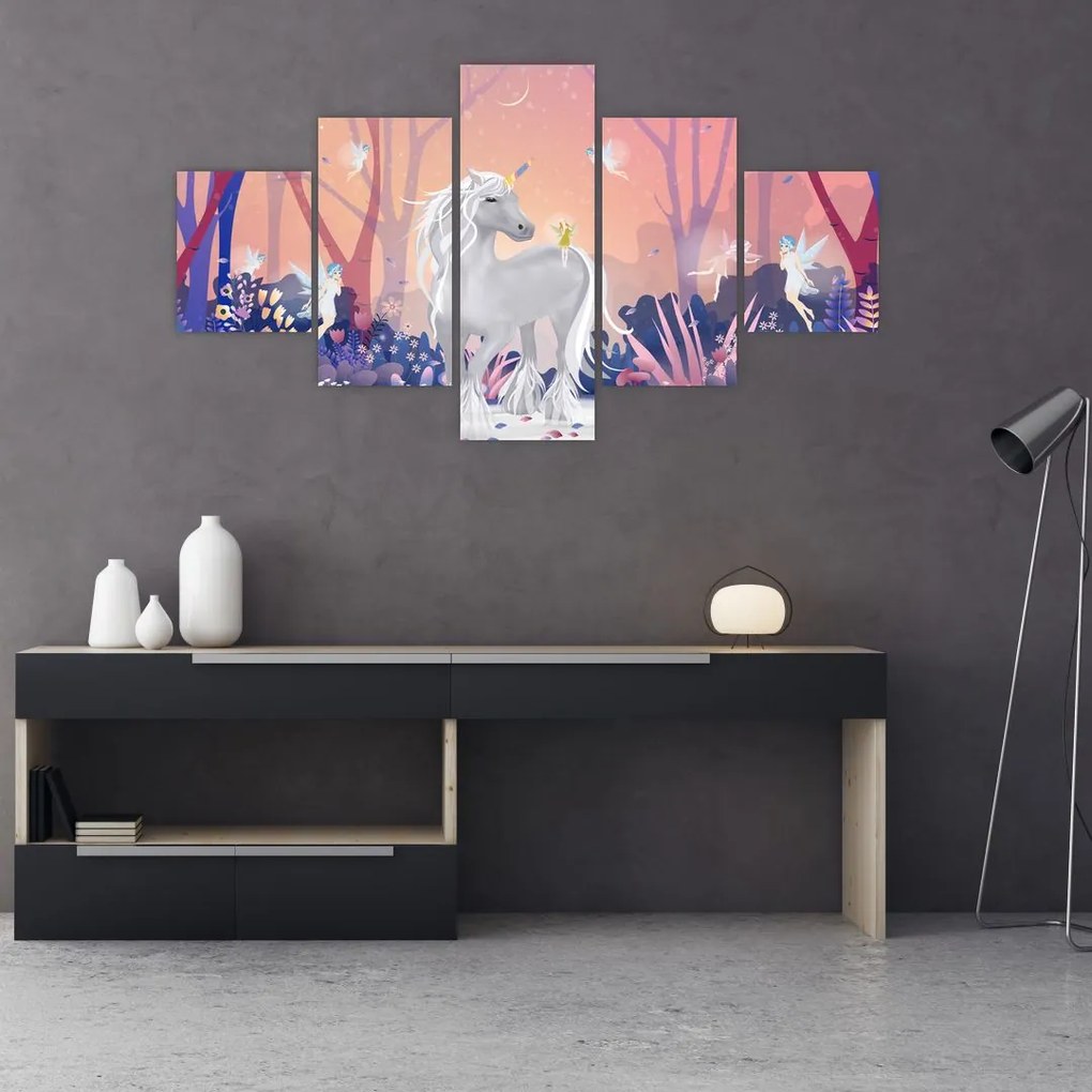 Obraz - Jednorożec w magicznym lesie (125x70 cm)