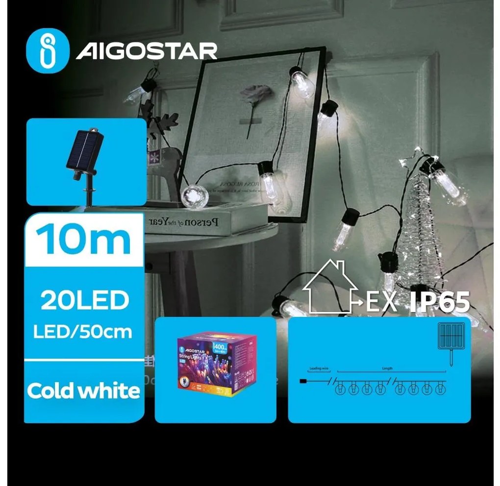 Aigostar - LED 20xLED 11,5m IP65 8 funkcí zimna biała solarny łańcuch