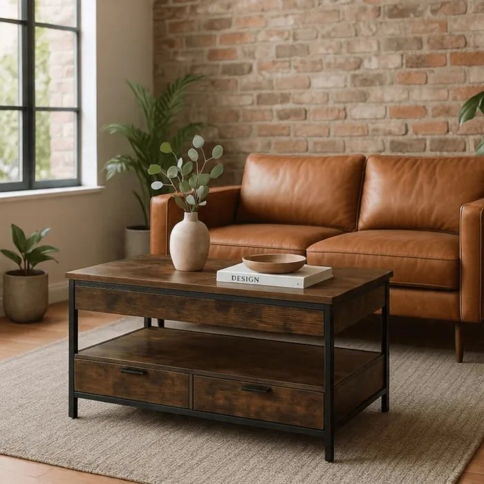 Ławostół Rozkładany LUCA 100 cm Dąb Rustykalny/Czarny Loft - Stół i Ława do Salonu