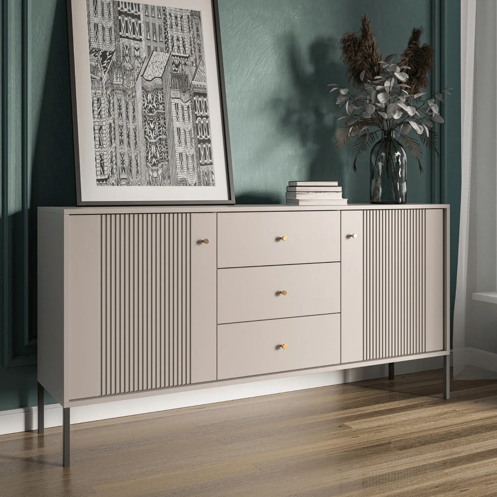 Komoda do Salonu Sypialni SOFT 154 cm Kaszmir Ryflowana Dwudrzwiowa z Szufladami Nowoczesna