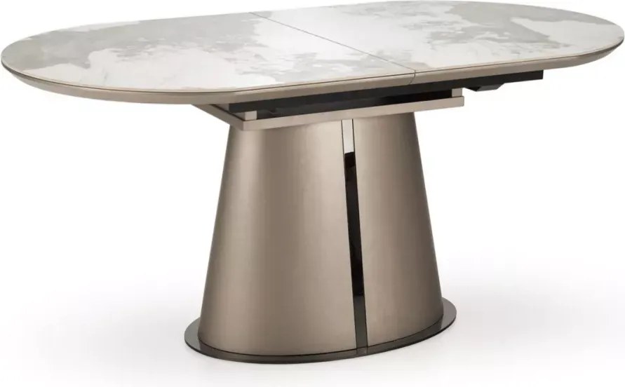 Owalny stół Rogins 160-200x90 cm – rozkładany z blatem z ceramiki beżowy marmur / cappuccino / czarny