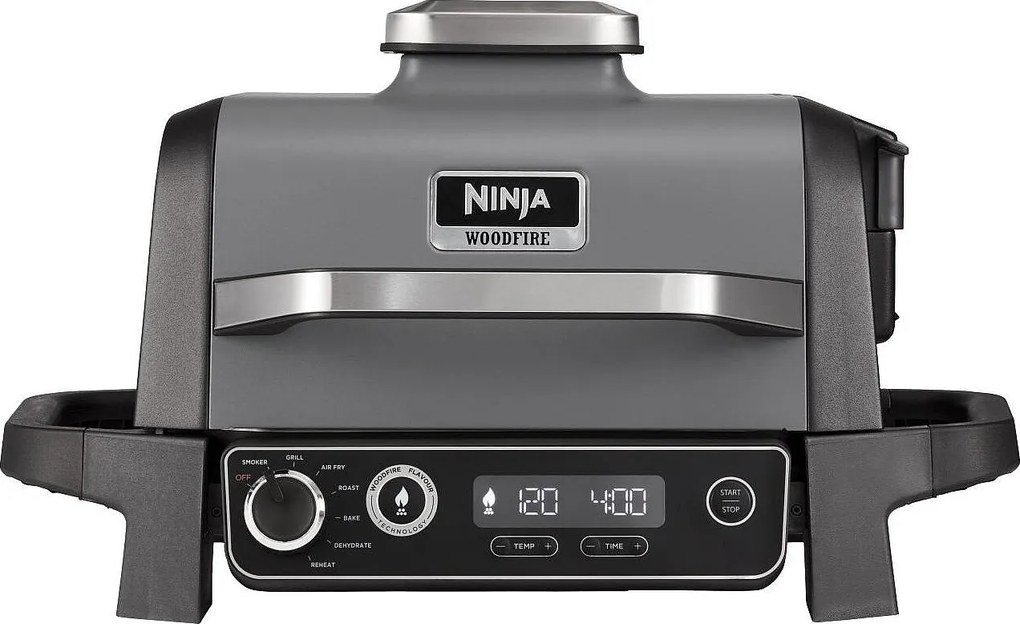 Elektryczny grill Ninja Woodfire OG701EU z wbudowanym wędzarnią i frytkownicą na gorące powietrze – gotowanie na drewnie, 7 funkcji, 28x37 cm, szary