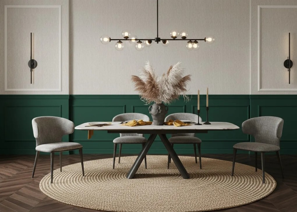 Elegancki stół z białym ceramicznym blatem na hartowanym szkle. Metalowa podstawa z czarnej stali nadaje mu nowoczesny charakter i wyjątkową trwałość.