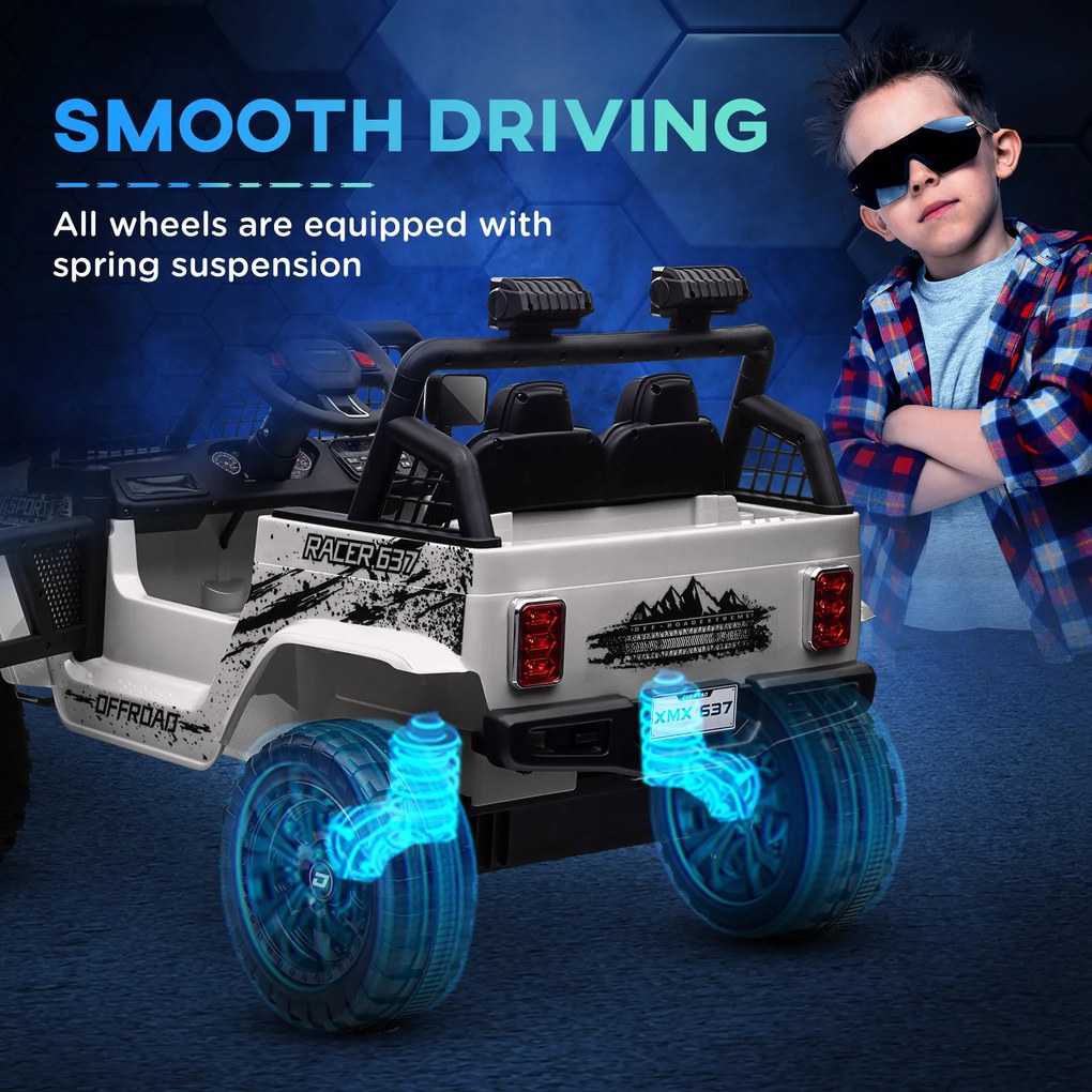 AIYAPLAY Elektryczny samochód dla dzieci z łagodnym zawieszeniem, sterowalny zdalnie, LED, klakson, 12V silniki, z tworzywa sztucznego i metalu, Biały