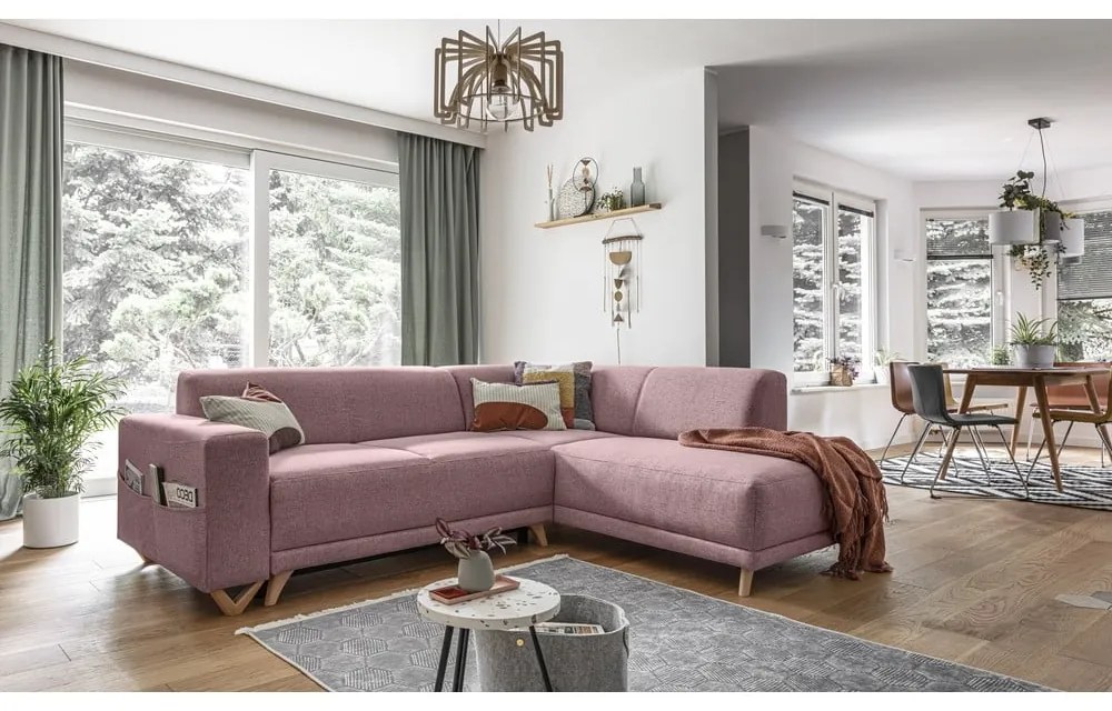 Różowy rozkładany/ze schowkiem narożnik (prawostronny/w kształcie litery L) Classy Sophie – Miuform