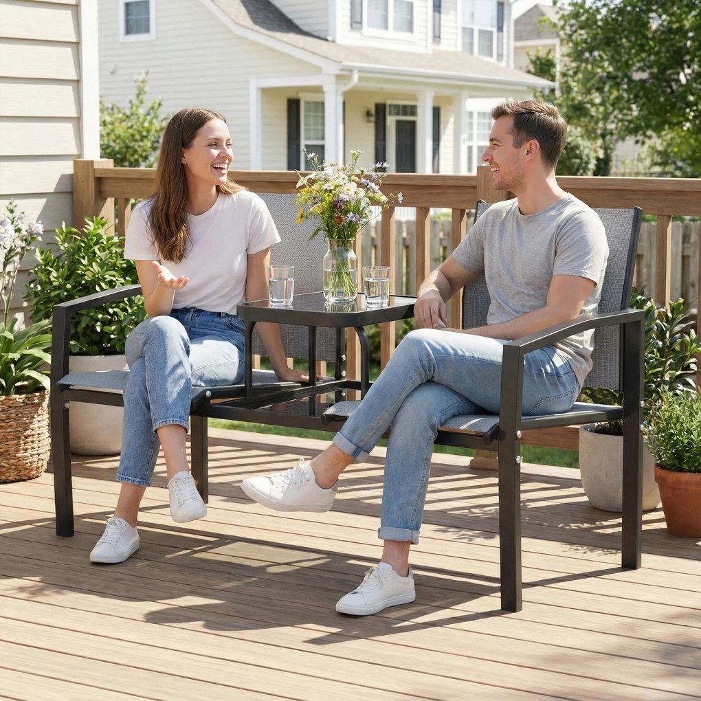 Outsunny Dwuosobowa ławka ogrodowa z oparciem i podłokietnikami, dwupoziomowy stolik, ławka parkowa 240 kg obciążenia, 135 x 67 x 81 cm, szary | Aosom PL