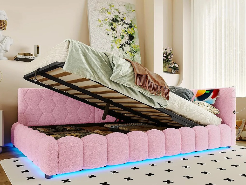 Narożnik wypoczynkowy z pojemnikiem 140x200 cm - z oświetleniem LED - z USB + Type-C - różowy (bez materaca)