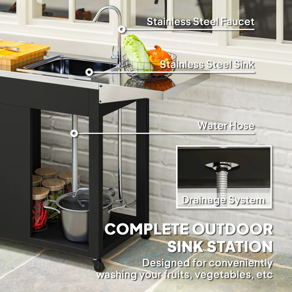 Outsunny Wózek Grillowy z Blatem Roboczym, Składaną Półką, Szafką, Zlewem i Kołami, Stal 162,5x47x87cm Czarny