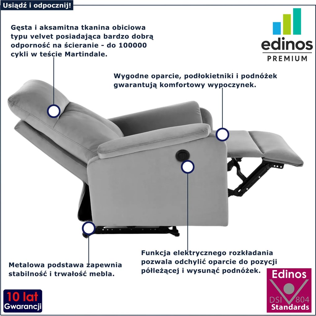 Popielaty welurowy fotel z funkcją rozkładania do salonu R6-W45