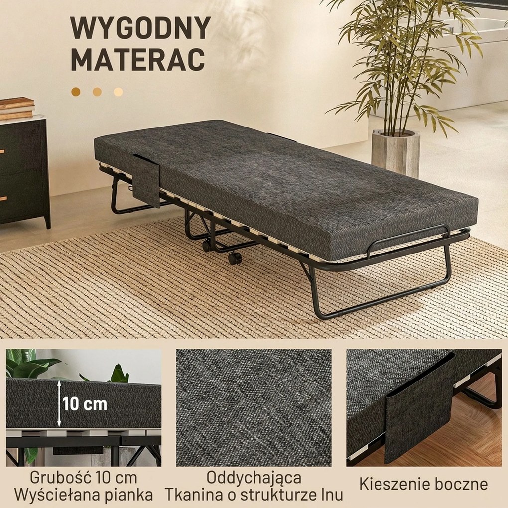 HOMCOM Łóżko Składane, Materac, 4 Koła, Stelaż Metalowy, do 150 kg, 190 x 80 x 42 cm, Ciemnoszary