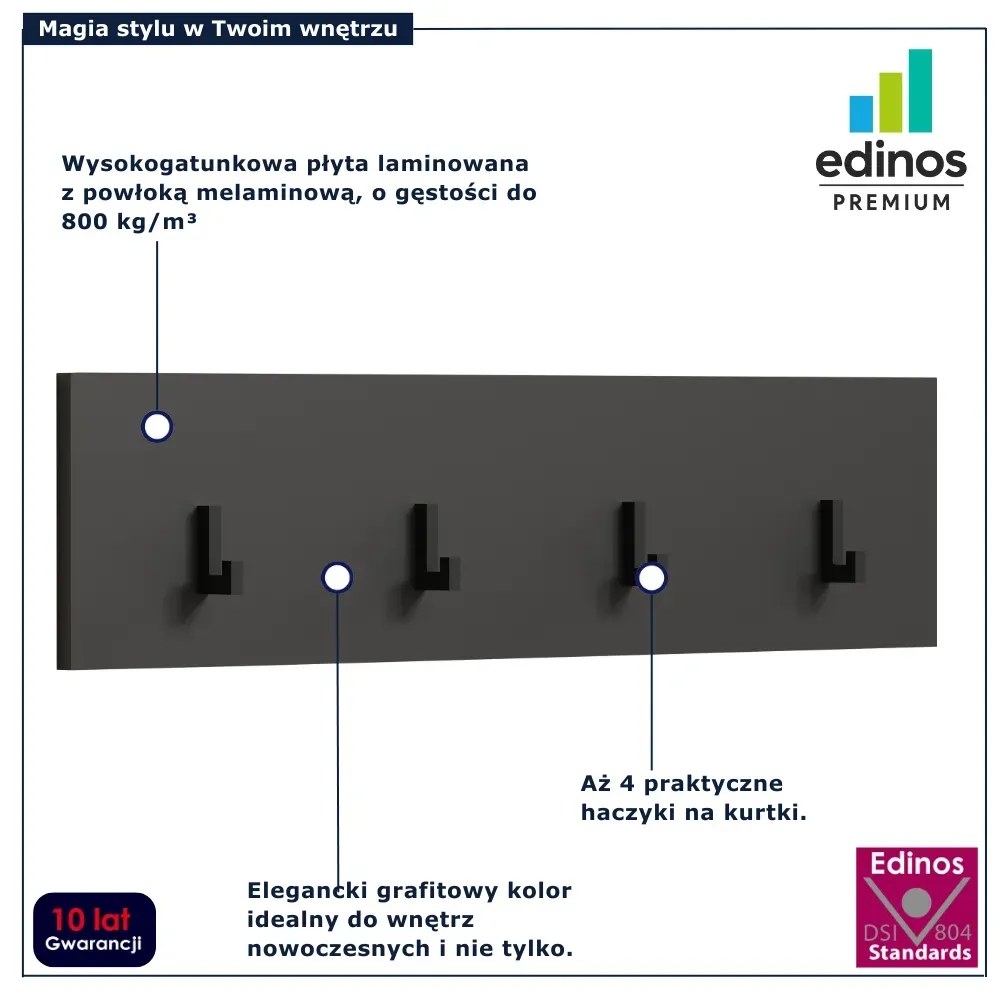 Prosty wieszak ścienny z 4 haczykami do przedpokoju grafit W8-Z94