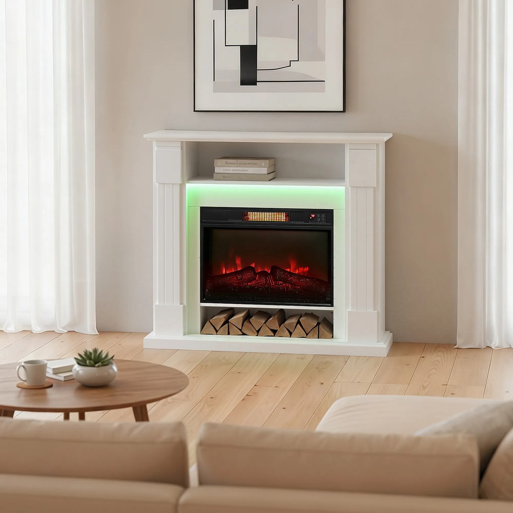 HOMCOM Kominek elektryczny z oświetleniem LED, realistyczny efekt płomieni, 1800W, półka nad kominkiem, 2 piloty, szkło, biały