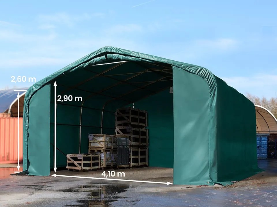 TOOLPORT 6x6m Hala namiotowa - 2,6 m wysokość ścian bocznych z 4,1x2,9m brama, PVC 850, ciemnozielony, bez statyki - (49509)
