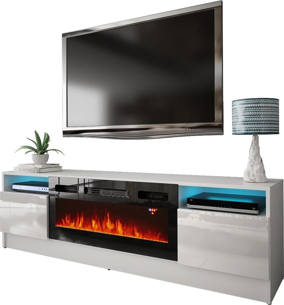 Szafka RTV z kominkiem Duke 01 biały mat/biały połysk