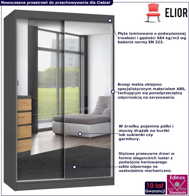 Lustrzana szafa przesuwna 120 cm dąb artisan antracyt Z9-W25