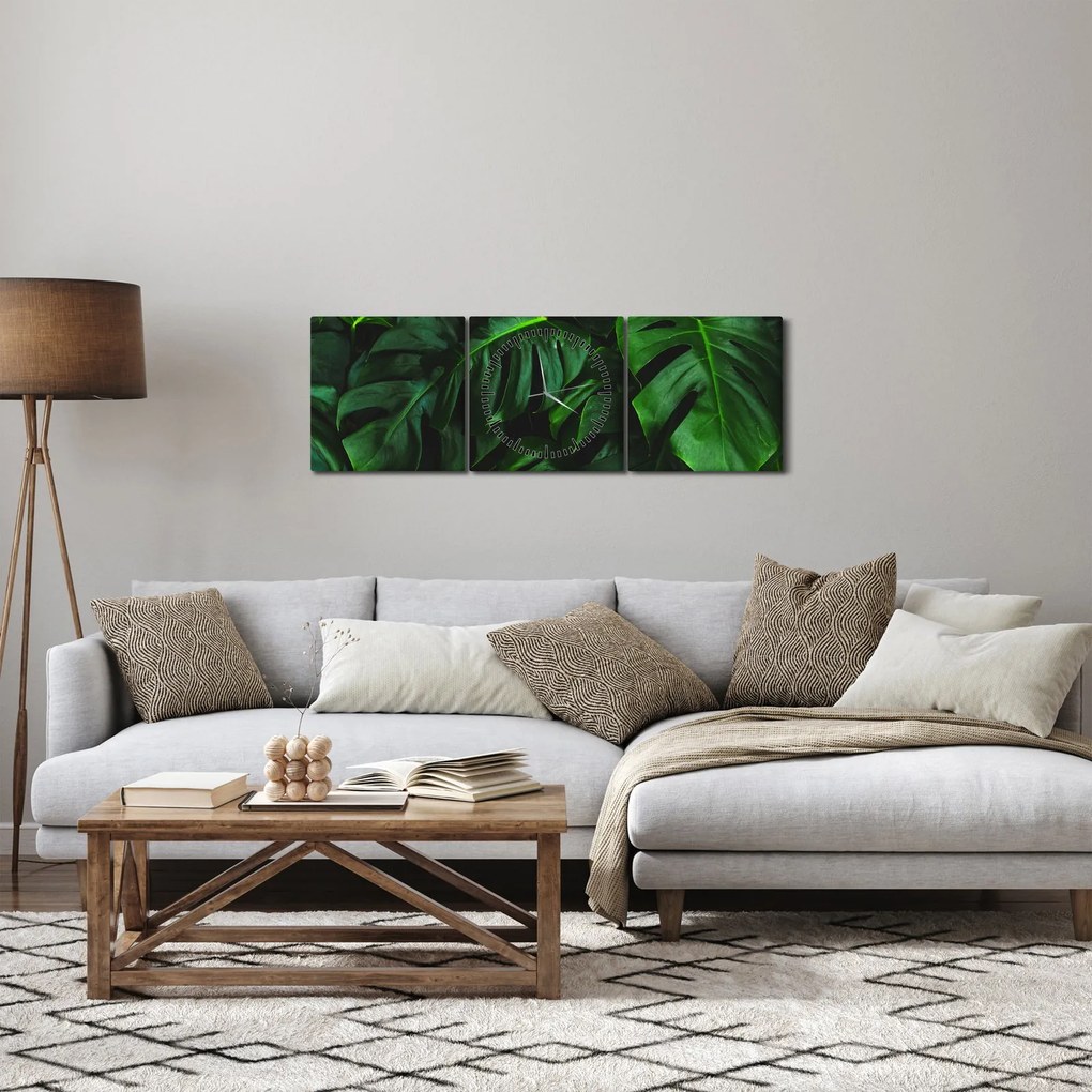 Obraz liści Monstery (z zegarem) (90x30 cm)