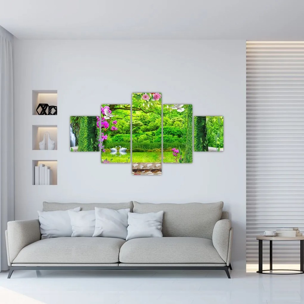 Obraz - Magiczny ogród z łabędziami (125x70 cm)