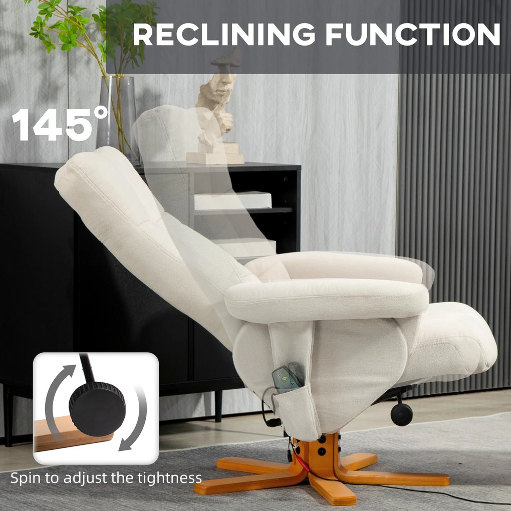 HOMCOM Fotel masujący z funkcją leżenia i podnóżkiem, nachylenie do 145°, Poliester, 80 x 86 x 99 cm, Kremowy