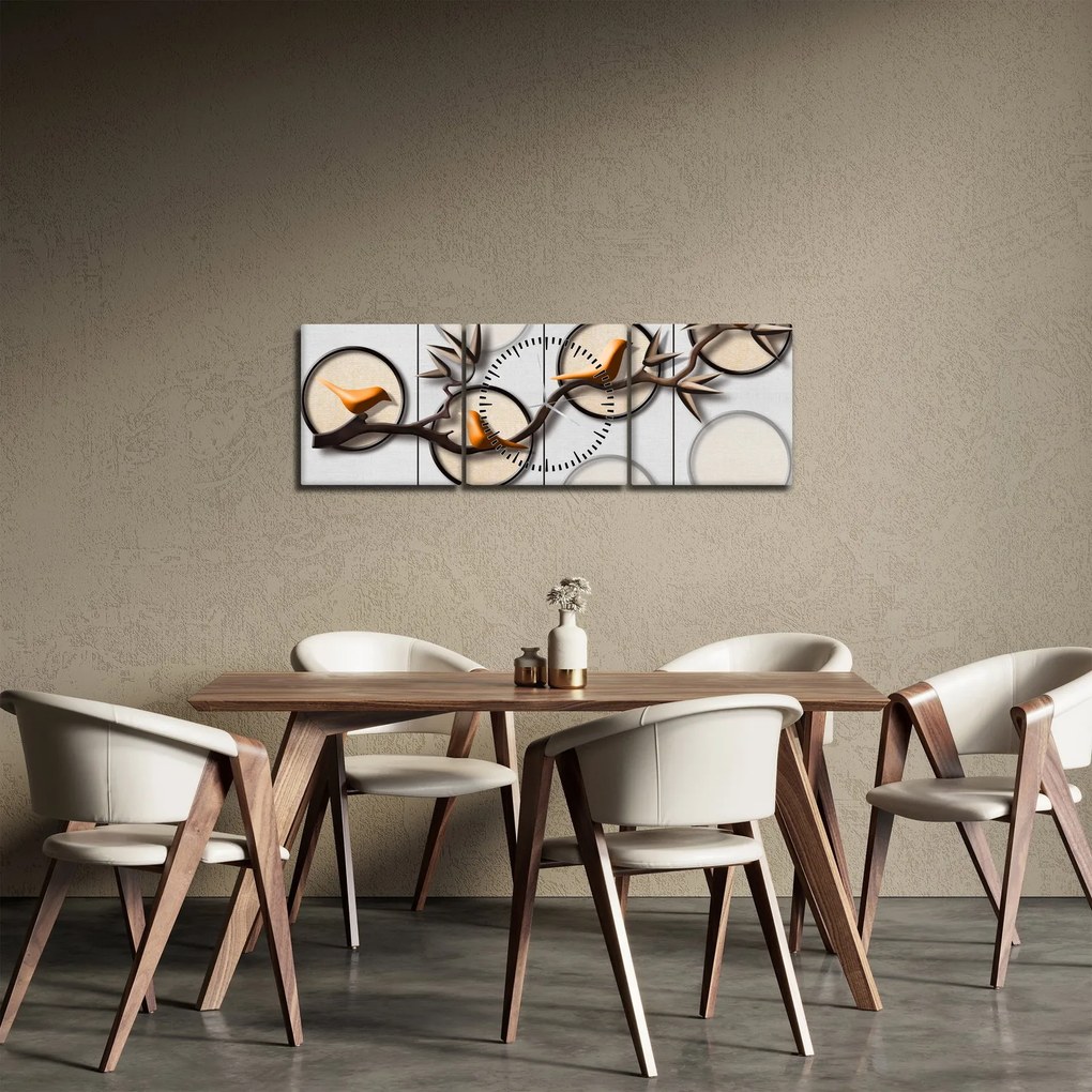 Malarstwo artystyczne - Ptaki na gałęzi (z zegarem) (90x30 cm)