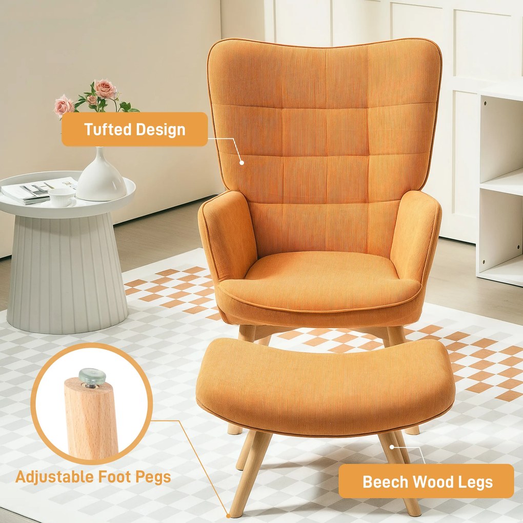 HOMCOM Akcentowy Fotel z Otomaną, Relaxsessel w Wyglądzie Sztruksu, Fotel z Podłokietnikami na Drewnianych Nogach, do Salonu, Brązowy