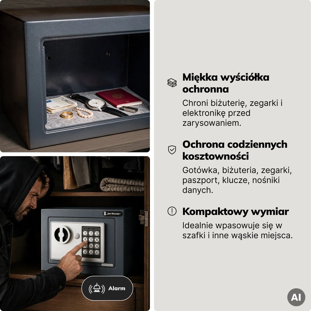 Mini sejf domowy elektroniczny na kod, na pieniądze i biżuterię, 230x170x170 mm: HECTOR