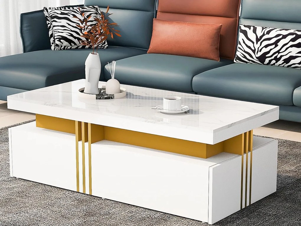 Stolik kawowy z 2 szufladami - blat w marmurowe wzory - styl skandynawski - Biały