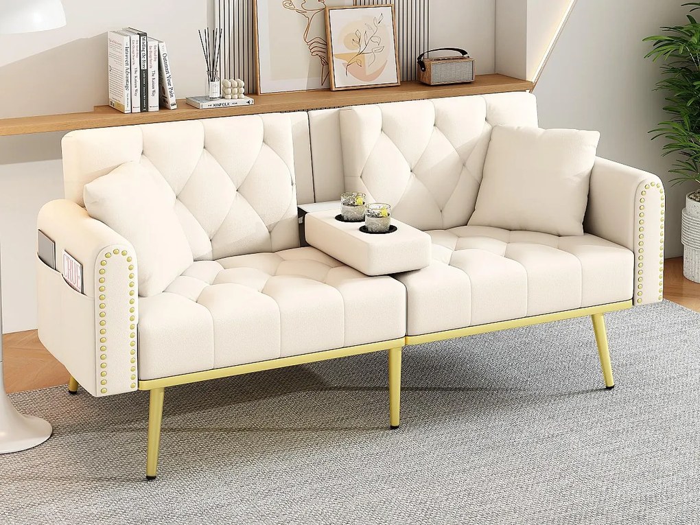 Kanapa 2-osobowa - z funkcją relaks - trzy regulowane pozycje odchylenia - uchwyt na kubek w zestawie - beżowy