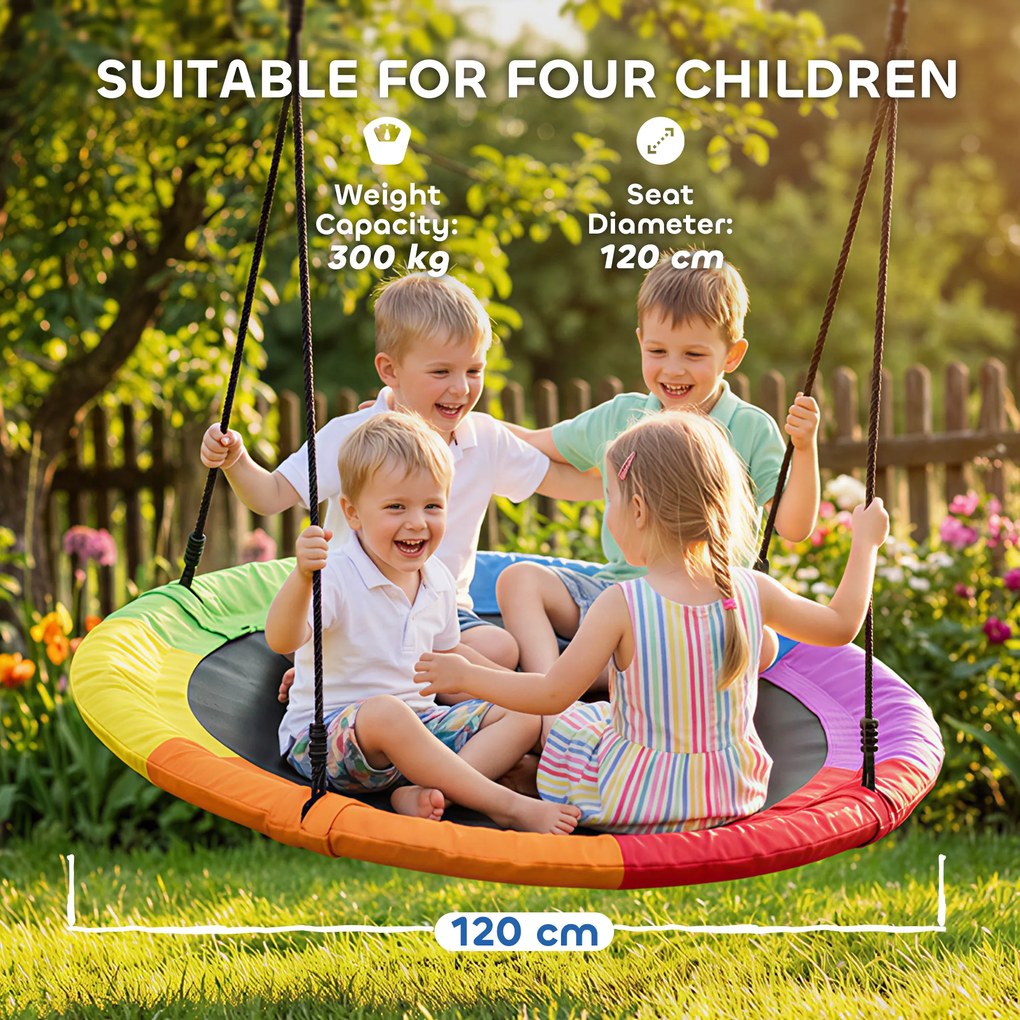 AIYAPLAY Huśtawka Gniazdowa Regulowana Ø 120 cm, Udźwig 300 kg, Dla Dzieci 3-8 lat, 120 x 120 x 180 cm, Wielokolorowa | Aosom PL