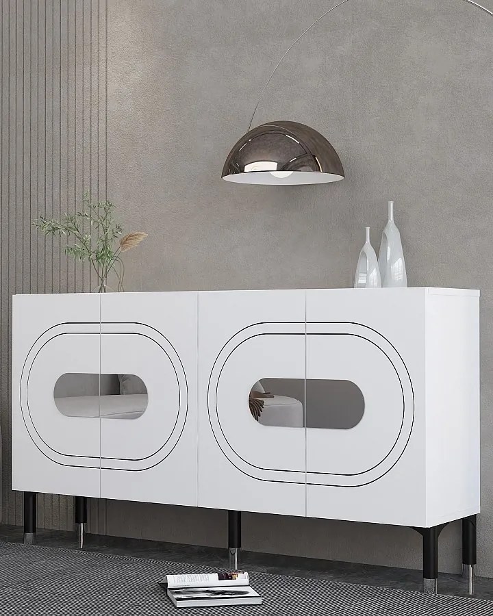 Komoda – 150 cm x 75 cm x 35 cm – biała i srebrna – płyta wiórowa