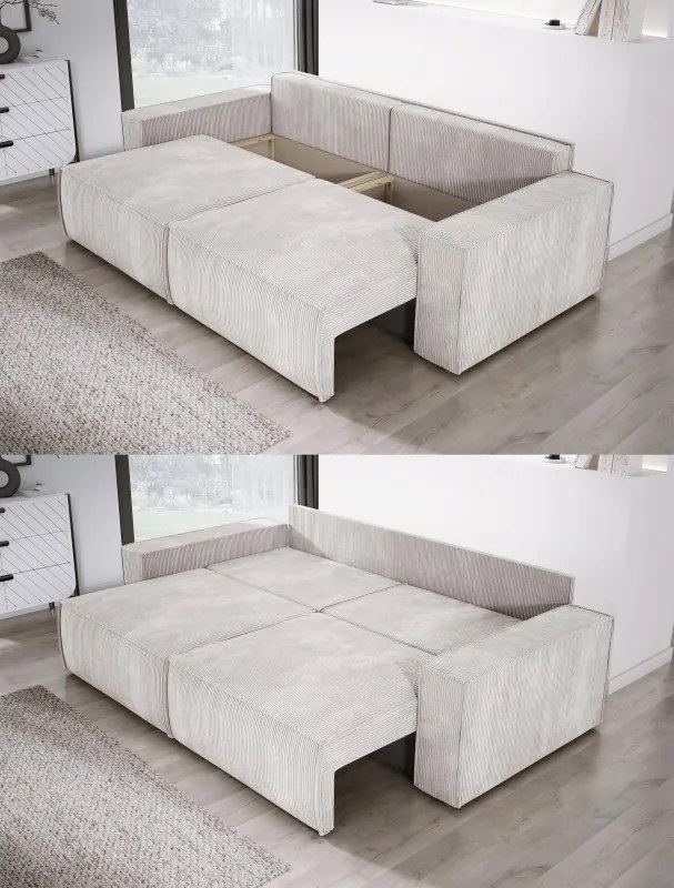 Kanapa KASJO Prawostronny Sofo-Narożnik z funkcją spania i poduszkami, 2x pojemnik POSO 100 Brudna biel DOMOHOME