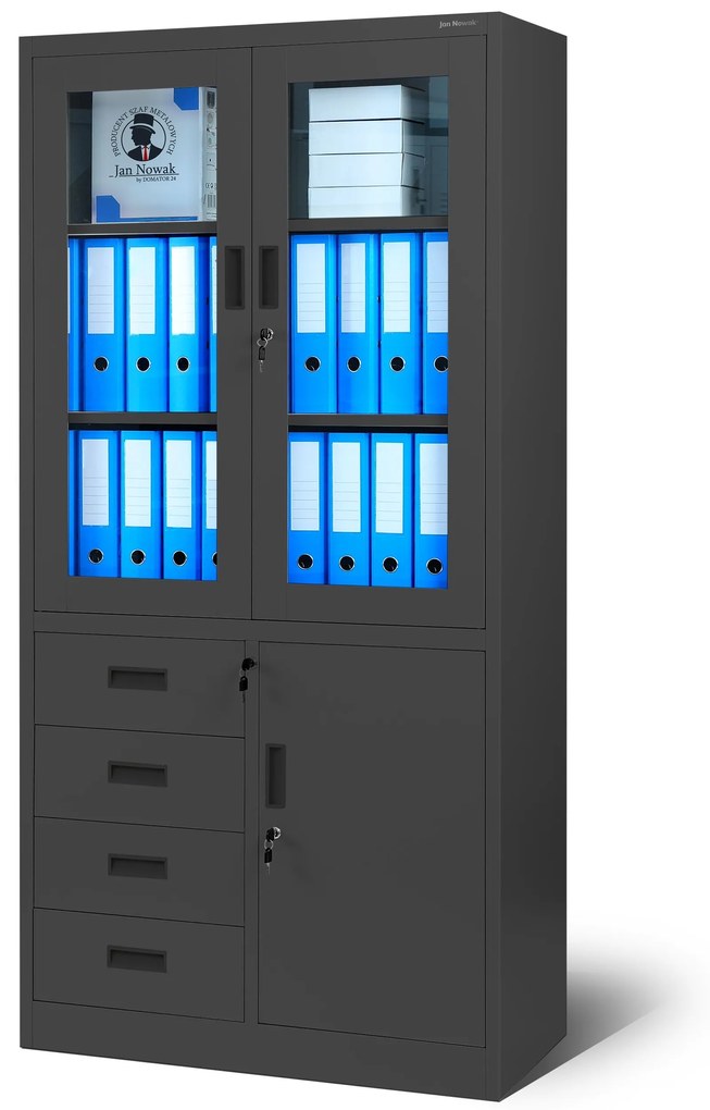 Biurowa przeszklona szafa metalowa na akta z szufladami WIOLA, 900 x 1850 x 400 mm, antracytowa