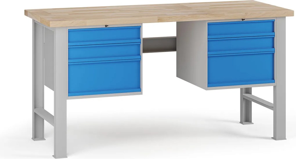 Stół warsztatowy G7, blat bukowy, 1700 x 685 x 840 mm, 2x kontener, 6x szuflada, niebieski