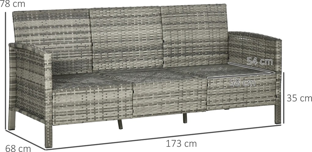 Outsunny Rattan sofa zewnętrzny trzyosobowa ogród sofa wypoczynkowa z poduszkami stal szary