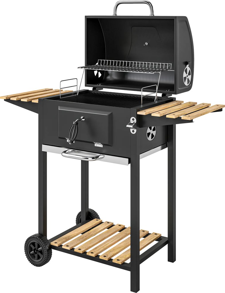 Outsunny Grill węglowy z regulowaną paletą węglową, wózek grillowy, półki, termometr, otwieracz do butelek, stal, drewno, czarny