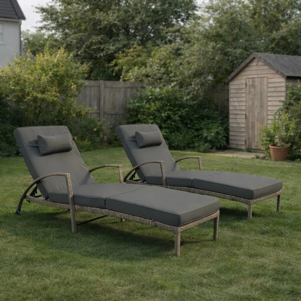 Zestaw 2 leżaków ogrodowych technorattan Ravello XL2505, jasny brąz, poduszki szare