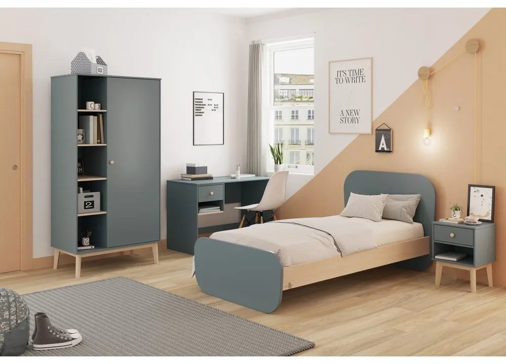 Szarozielone łóżko dziecięce w dekorze sosny ze stelażem 90x190 cm Esteban – Marckeric