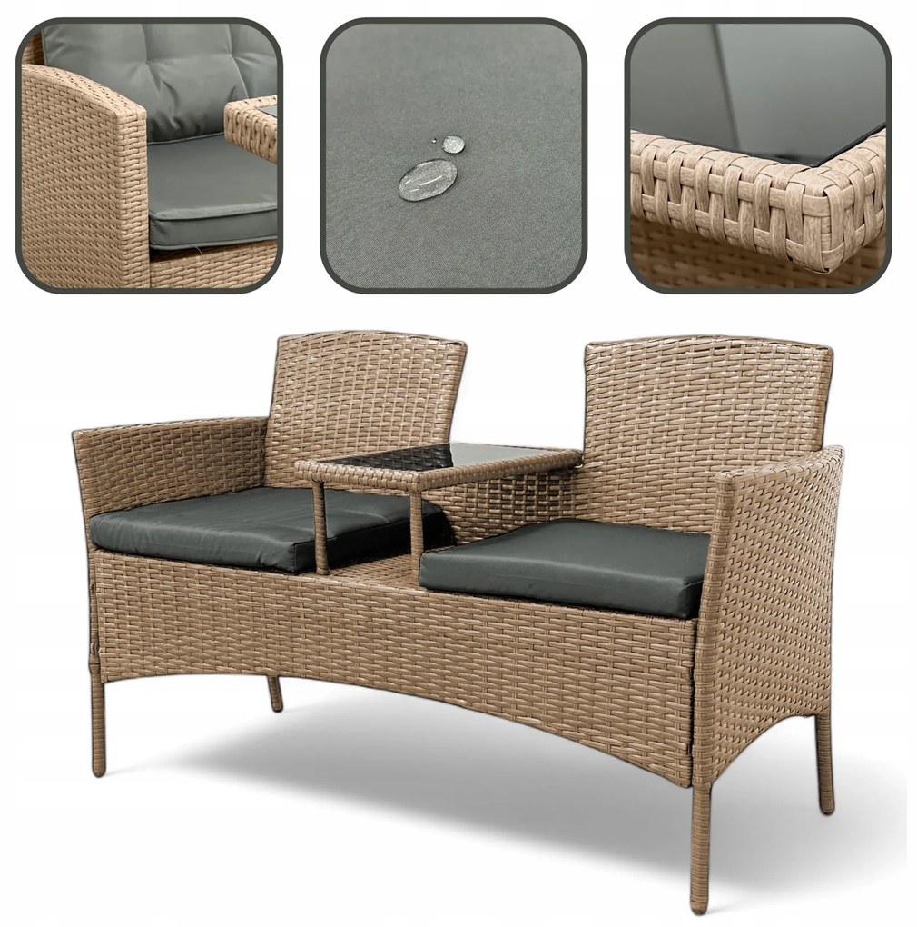 Meble ogrodowe Ratina NM-03, dwuosobowa sofa ze stolikiem, kolor naturalny, poduszki szare