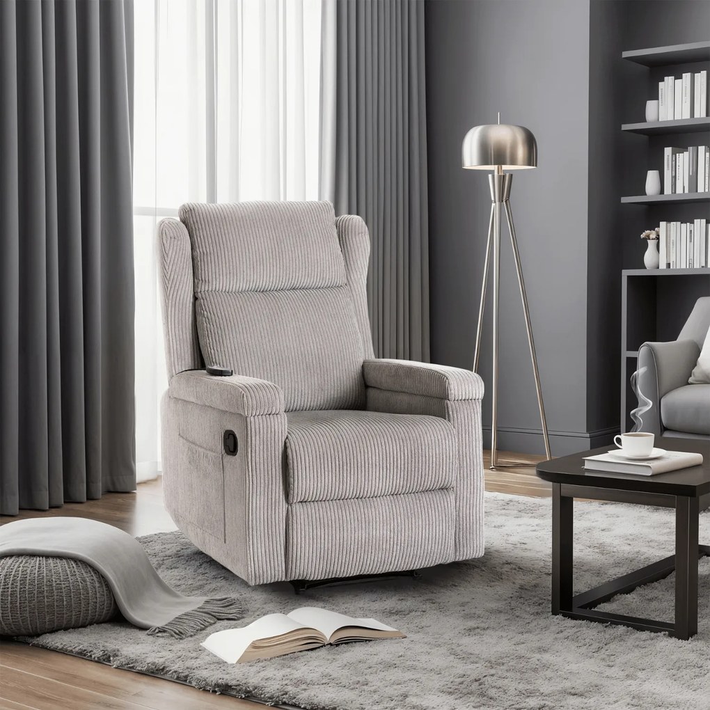 Fotel Masujący SEBASTIAN Rozkładany Wypoczynkowy z Podnóżkiem Szary Sztruksowy Nowoczesny