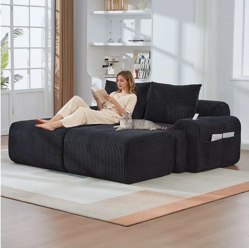 Sofa modułowa 2-osobowa - 200 x 174 x 80 cm - z 2 pufami + uchwytami na kubki + kieszenią do przechowywania - aksamitna - czarna
