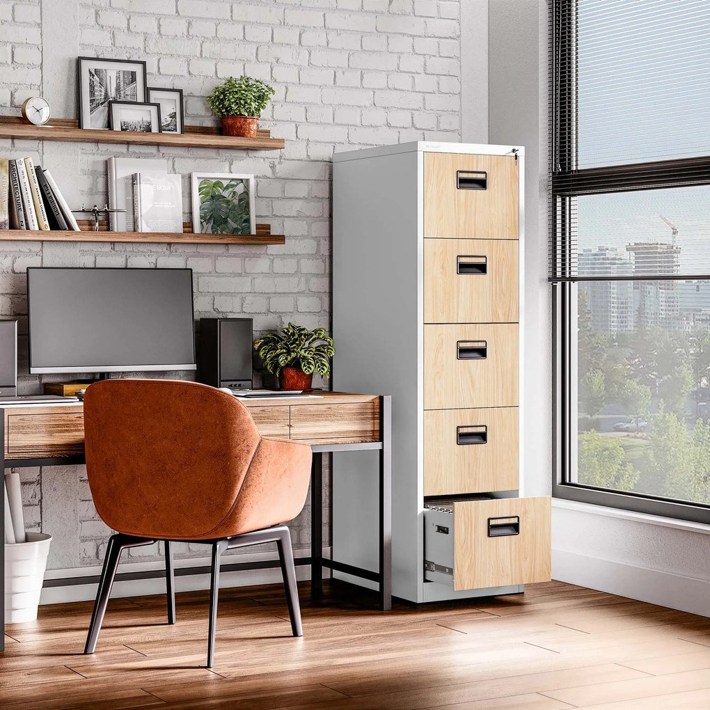 Szafa kartotekowa metalowa z 5 szufladami biała/dąb sonoma, 460x1625.5x620 mm: SARA Eco Design