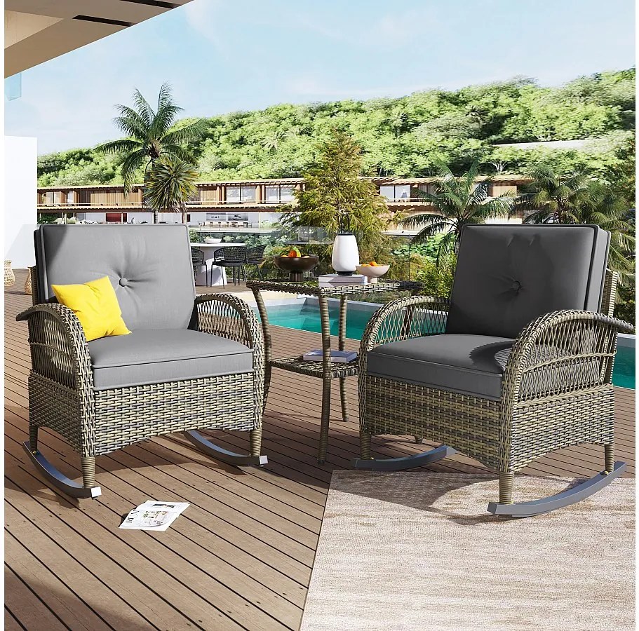 Zestaw mebli ogrodowych z rattanu - 2 fotele bujane - 1 stół barowy - dla 2 osób - blaty z akacji z szarymi poduszkami